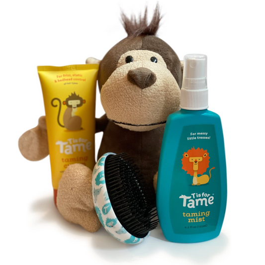 New Mom Gift Set with Kids Taming Cream, Detangling Spray, Brush & Plush Monkey - Natural, Organic Hair Styling Products Gentle Enough for Babies