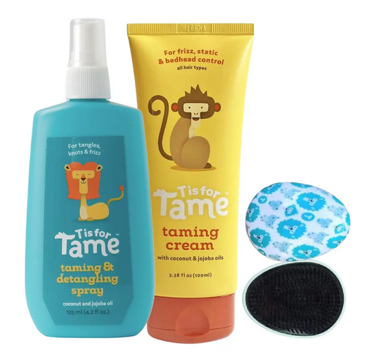 Hair Taming Starter Kit with All Natural Kids Hair Cream, Detangling Spray & Detangling Brush for Frizz, Flyaways & Static