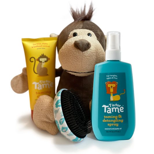 New Mom Gift Set with Kids Taming Cream, Detangling Spray, Brush & Plush Monkey - Natural, Vegan Hair Styling Products Gentle Enough for Babies